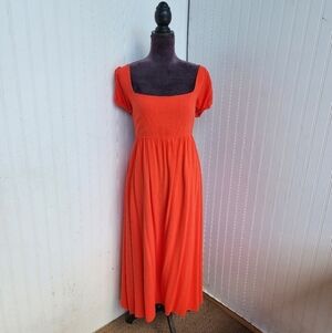 Endless Blu Jodi Open Back Tie Midi Dress Orange Linen Cotton Puff Sleeve Sz  L